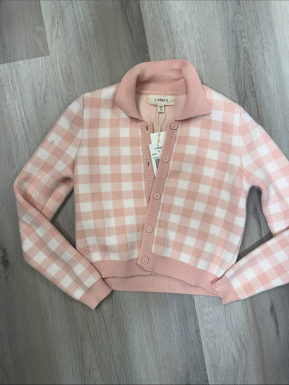 L*Space Pink and White Gingham Knit Button-Front Frankie Cardigan